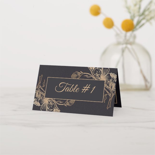 Cartão De Mesa Casamento Dourado com Design metálico negro (Frente)