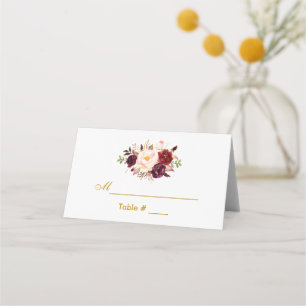 Cartão De Mesa Casamento Dourado com Watercolor Floral Burgundy