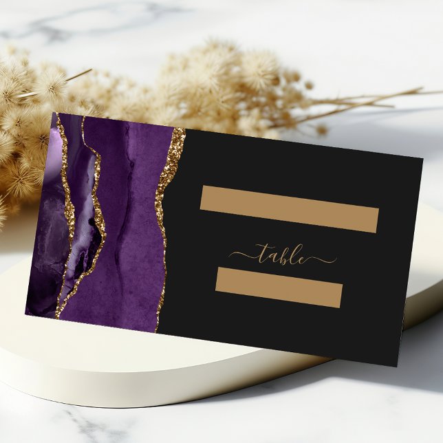 Cartão De Mesa Casamento Dourado de Agate Roxo Chic (Criador carregado)