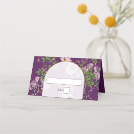 Cartão De Mesa Casamento Dourado de Arca com Verde Floral Roxo
