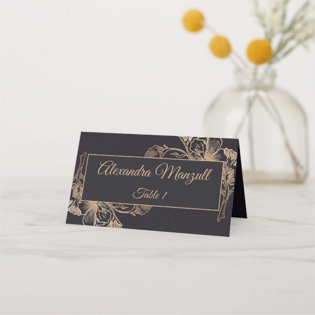 Cartão De Mesa Casamento Dourado de Design Floral Metal Faux (Frente)