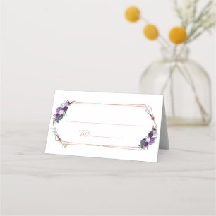 Cartão De Mesa Casamento Dourado de Rosa Geométrico Floral Roxo