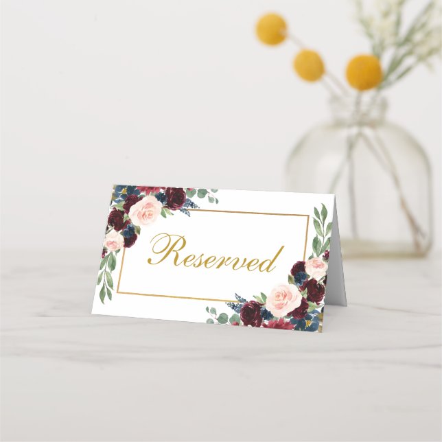 Cartão De Mesa Casamento Dourado Floral Azul Burgundy Reservado (Frente)