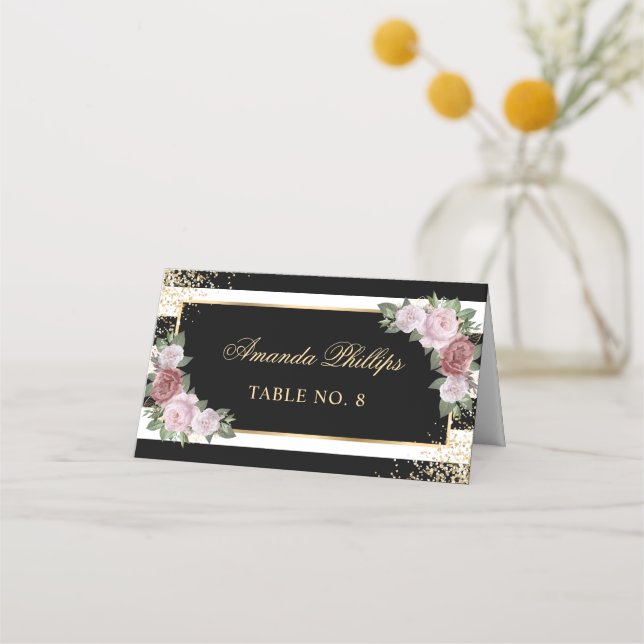 Cartão De Mesa Casamento Dourado Floral Branco-Preto-Blush (Frente)