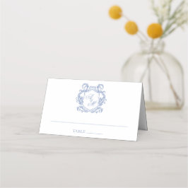 Cartão De Mesa Casamento Elegante com Monograma e Brasão em Azul