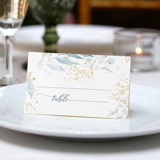 Cartão De Mesa Casamento Elegante de Boho Floral Azul Dusty (Elegant dusty blue greenery with gold accent makes this the perfect place card for your boho wedding)