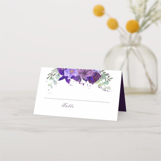 Cartão De Mesa Casamento Elegante Floral de Ameixa e Roxo Violeta (Frente)