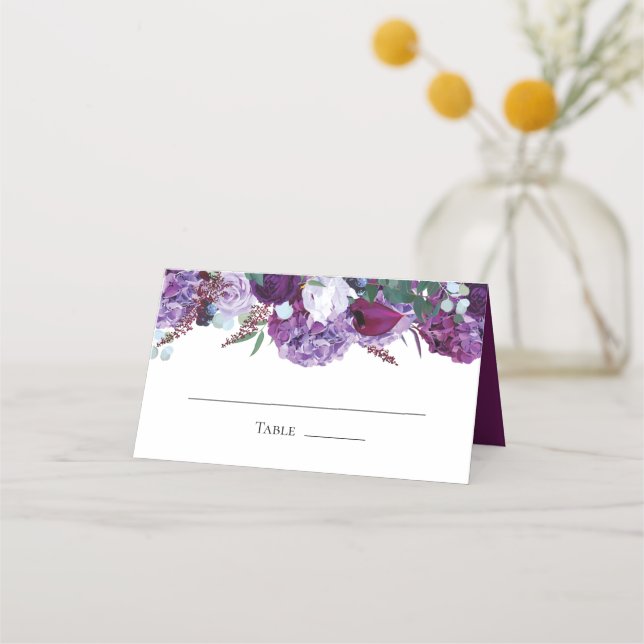 Cartão De Mesa Casamento Elegante Moderno Floral Roxo (Frente)