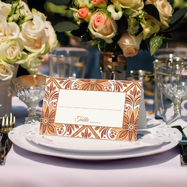 Cartão De Mesa Casamento Elegante Terracotta Mexicano Talavera (Elegant Terracotta vintage Mexican Talavera wedding Place Card)