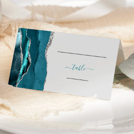 Cartão De Mesa Casamento em Ágata Azul Teal Prateado Chic