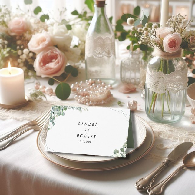 Cartão De Mesa Casamento eucalipto greenery boho (Criador carregado)