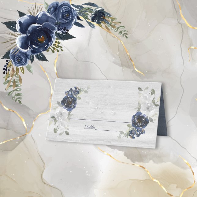 Cartão De Mesa Casamento Floral Aquarela Azul Marinho Cinza Prata (Criador carregado)