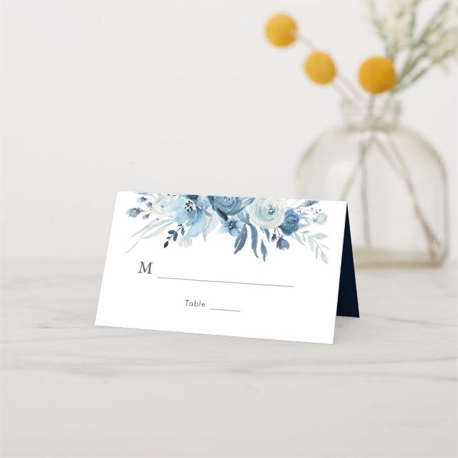 Cartão De Mesa Casamento floral azul de aquarela (Frente)