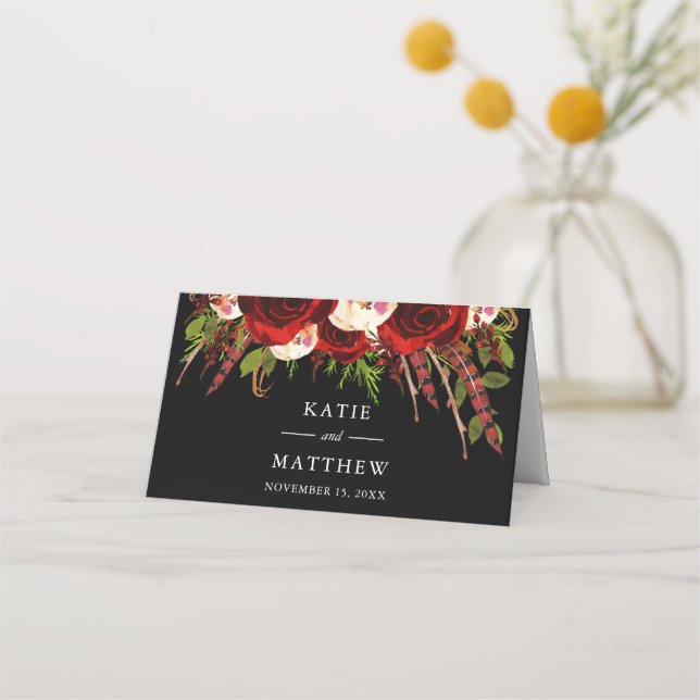Cartão De Mesa Casamento Floral Boho Negro Burgundy (Verso)