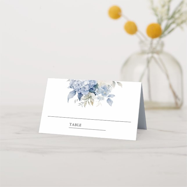 Cartão De Mesa Casamento Floral Branco e Azul (Frente)
