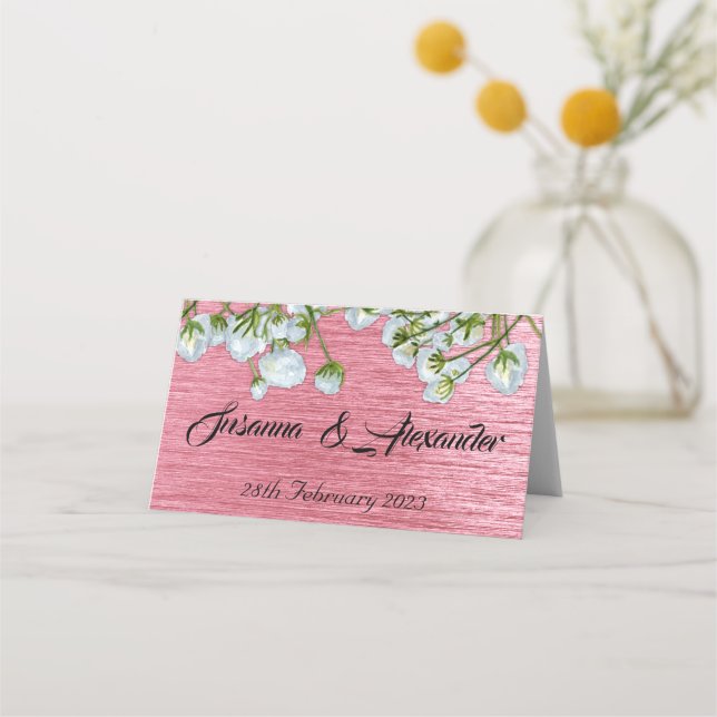 Cartão De Mesa Casamento Floral Branco e Rosa Metálico (Frente)