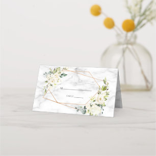 Cartão De Mesa Casamento Floral Branco Marble Geométrico de Cobr