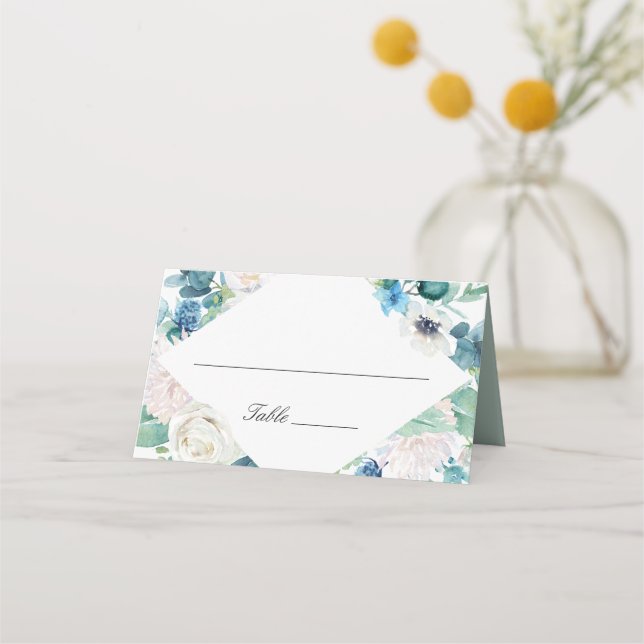 Cartão De Mesa Casamento Floral Branco Verde Azul Elegante (Frente)