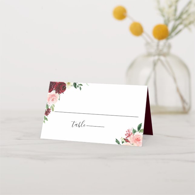 Cartão De Mesa Casamento Floral Burgundy Blush (Frente)