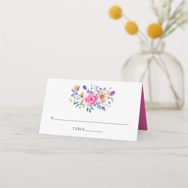 Cartão De Mesa Casamento Floral com Aquarela Rosa-Intenso (Frente)