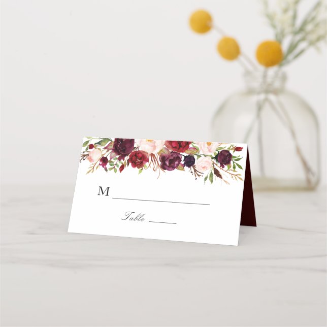 Cartão De Mesa casamento floral com burgundy e blush (Frente)