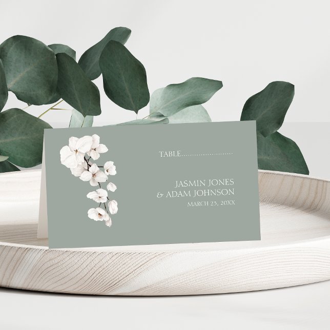 Cartão De Mesa Casamento Floral das Orquídeas Brancas Verdes Mode (Modern Sage Green White Orchids Wedding Table Place Card)