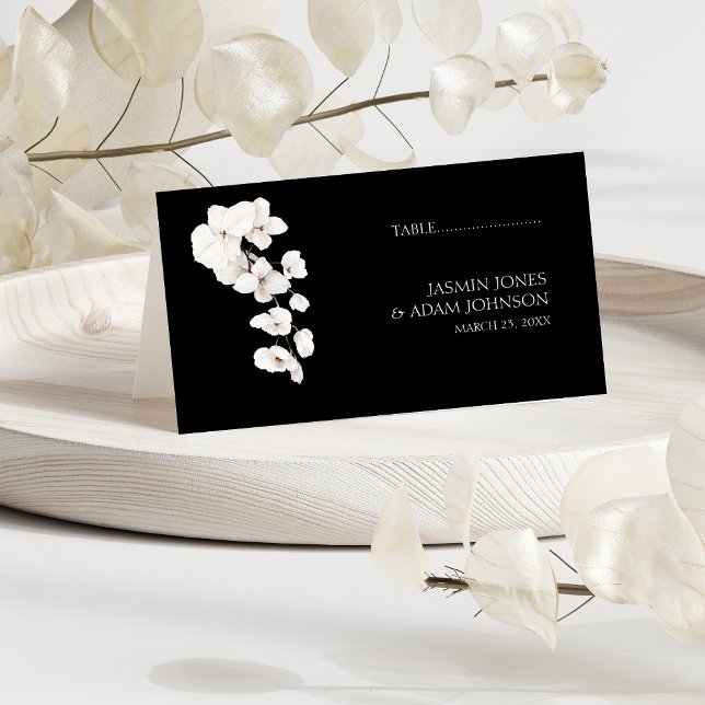 Cartão De Mesa Casamento Floral das Orquídeas Negras Modernas (Modern Black and White Orchids Flowers Wedding Place Cards )