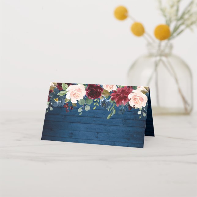 Cartão De Mesa Casamento Floral de Blush de Madeira Marinho Azul (Frente)