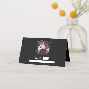 Cartão De Mesa Casamento Floral de Corvo em Aquarela Gótica