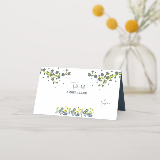 Cartão De Mesa Casamento Floral de Flor Amarelo Azul (Frente)