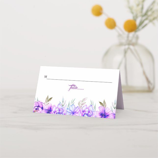 Cartão De Mesa Casamento floral de flores de aquarela púrpura, az (Frente)