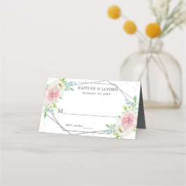 Cartão De Mesa Casamento Floral de Folha de Silver Geométrica Chi