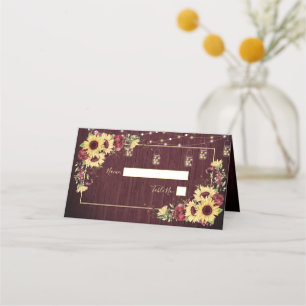 Cartão De Mesa Casamento Floral de Madeira Rústica Sunflower Bur