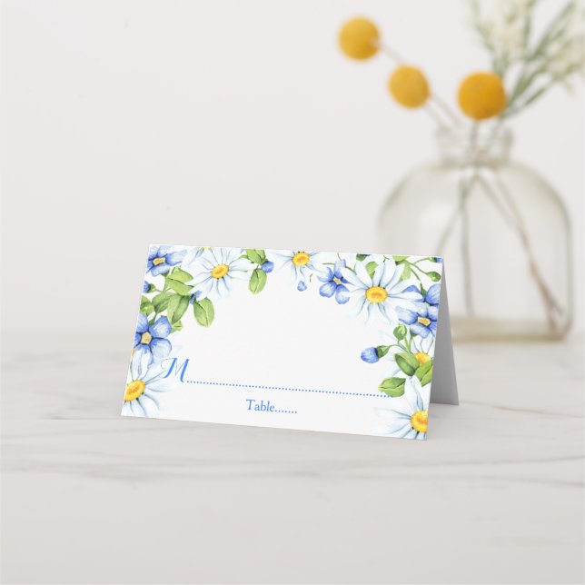 Cartão De Mesa Casamento Floral de Margarida Branca Azul (Frente)