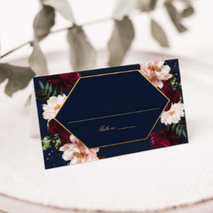 Cartão De Mesa Casamento Floral de Peônias Bege Borgonha Azul-Mar