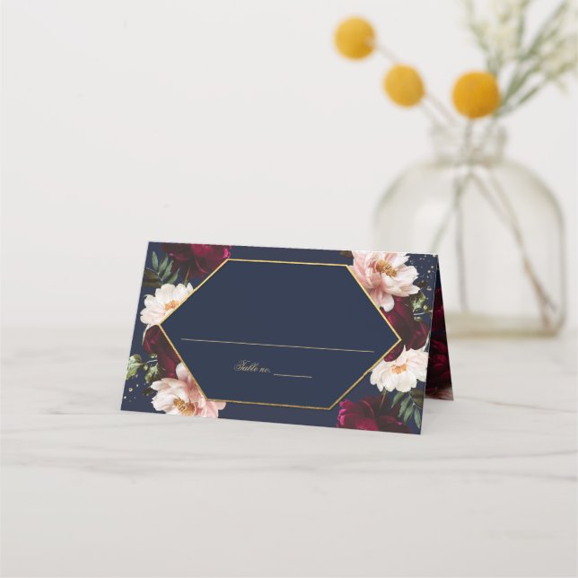 Cartão De Mesa Casamento Floral de Peonies Blush Marinho Escuro (Frente)