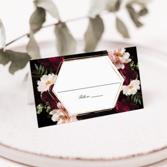 Cartão De Mesa Casamento Floral de Peonies Blush Moody Burgundy E (Criador carregado)