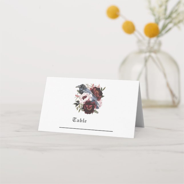 Cartão De Mesa Casamento Floral de Raven com Aquarela Gótica (Frente)