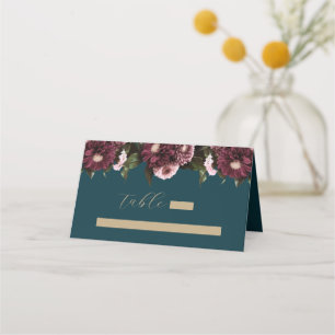 Cartão De Mesa Casamento Floral de Teal Burgundy Escuro Elegante