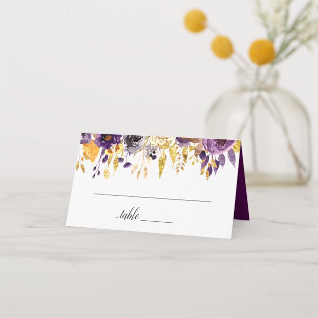 Cartão De Mesa Casamento Floral Dourado com Roxo de Ameixas (Frente)