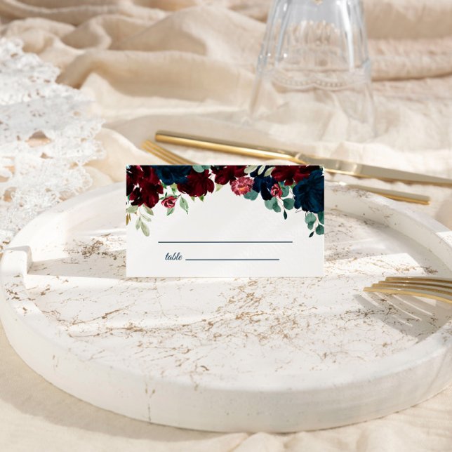 Cartão De Mesa Casamento Floral Elegante Burgundy e Marinho (Criador carregado)