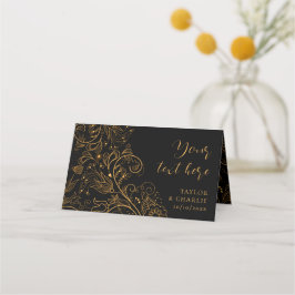 Cartão De Mesa Casamento Floral Elegante Dourado e Negro