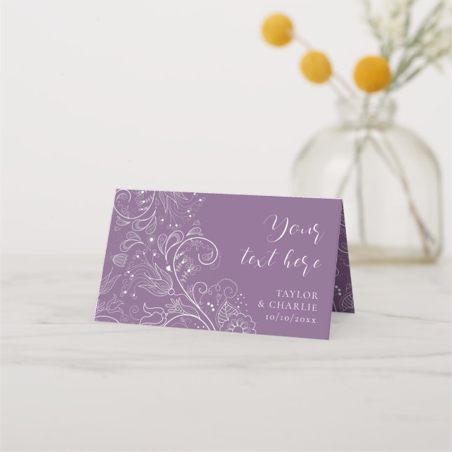 Cartão De Mesa Casamento Floral Elegante Roxo Dusty (Frente)