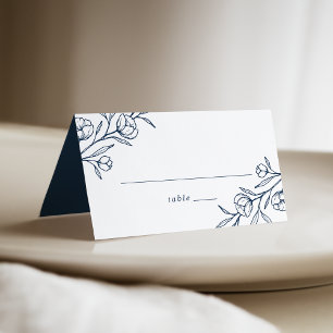 Cartão De Mesa Casamento Floral Esboçado Azul Marinho