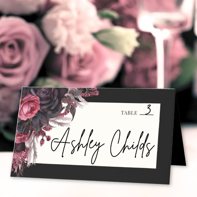 Cartão De Mesa Casamento Floral Gótico Negro (Black Red Gothic Floral Wedding Place Card )