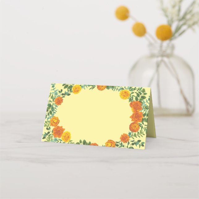 Cartão De Mesa Casamento Floral Laranja e Amarelo Claro e Rosa (Frente)