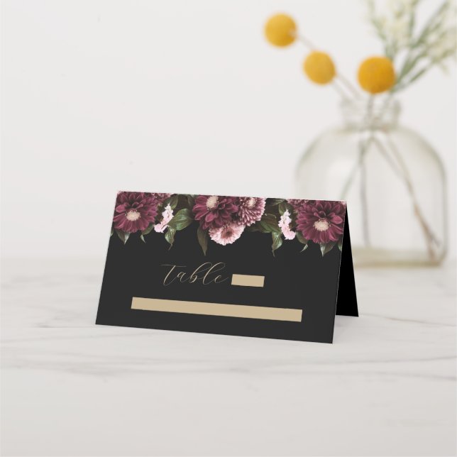 Cartão De Mesa Casamento Floral Negro Elegante (Frente)