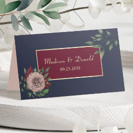 Cartão De Mesa Casamento Floral Outonal Dourado Borgonha