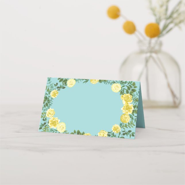 Cartão De Mesa Casamento Floral Primavera de Amarelo e Aqua Vinta (Frente)