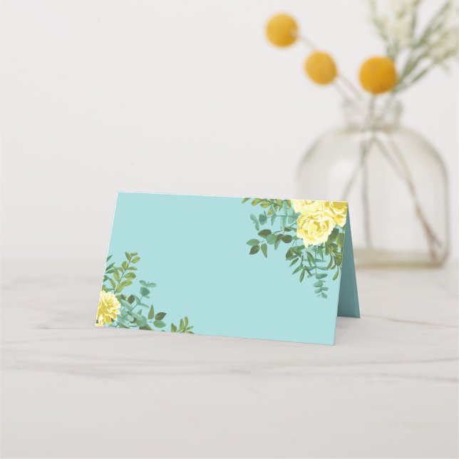 Cartão De Mesa Casamento Floral Primavera de Amarelo e Aqua Vinta (Frente)